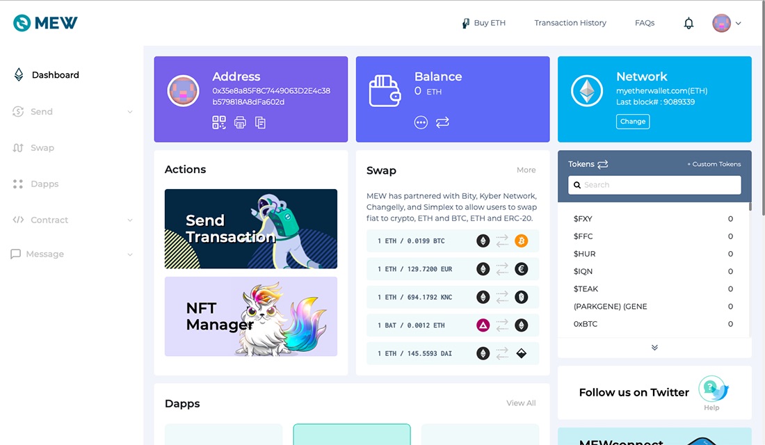 MyEtherWallet online asztali felület, Mew connect dashboard.